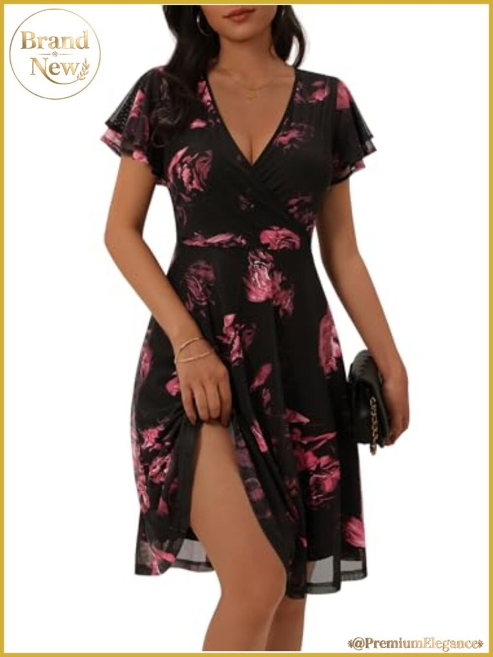 Women's Wrap V-Neck Knee Length Floral Mesh Wedding Guest Dress
